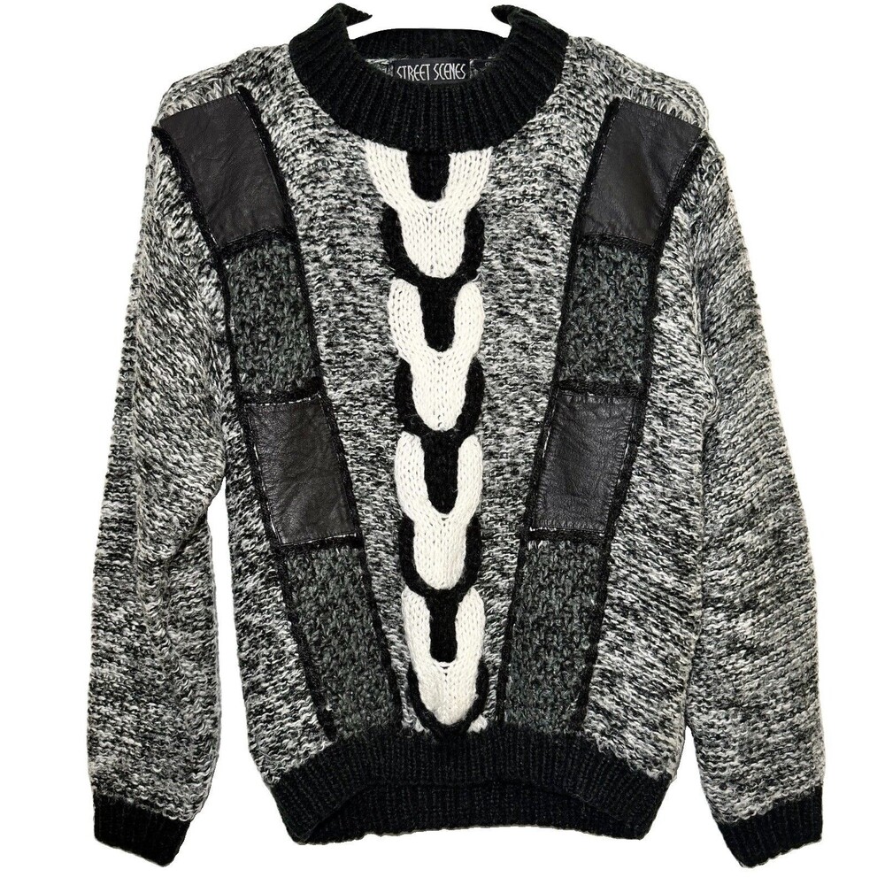Vintage Street Scenes Men’s M Sweater Genuine Leather 3D Knit Black Gray 80s 90